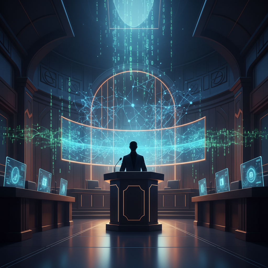 Илюстрация на съдебна зала с елементи на изкуствен интелект