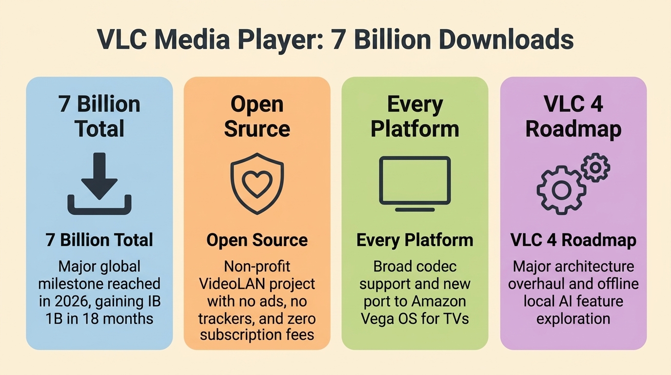 Инфографика за постижението от 7 милиарда изтегляния на VLC media player