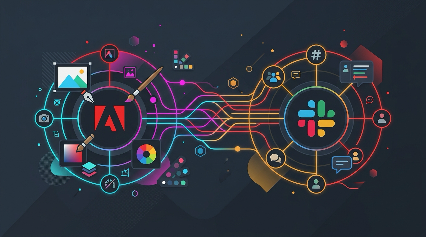 Стилизирана 2D илюстрация на творческите инструменти на Adobe, интегрирани в чат екосистемата на Slack