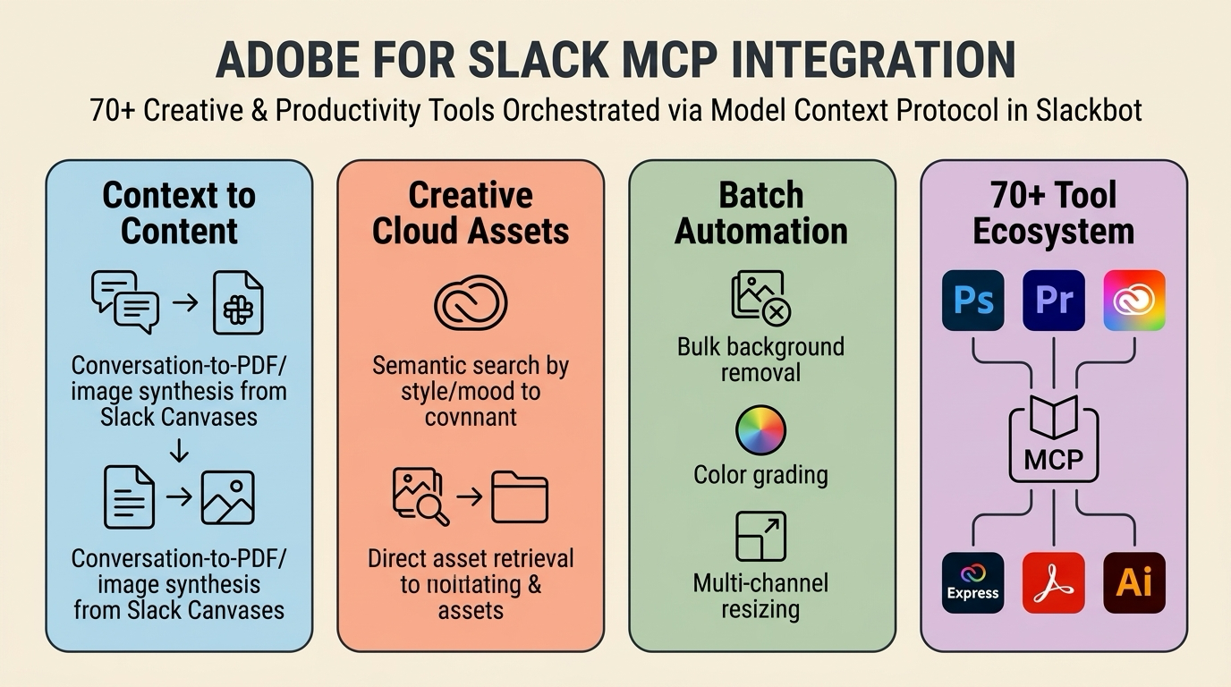 Инфографика за архитектурата и възможностите на Adobe for Slack чрез Model Context Protocol