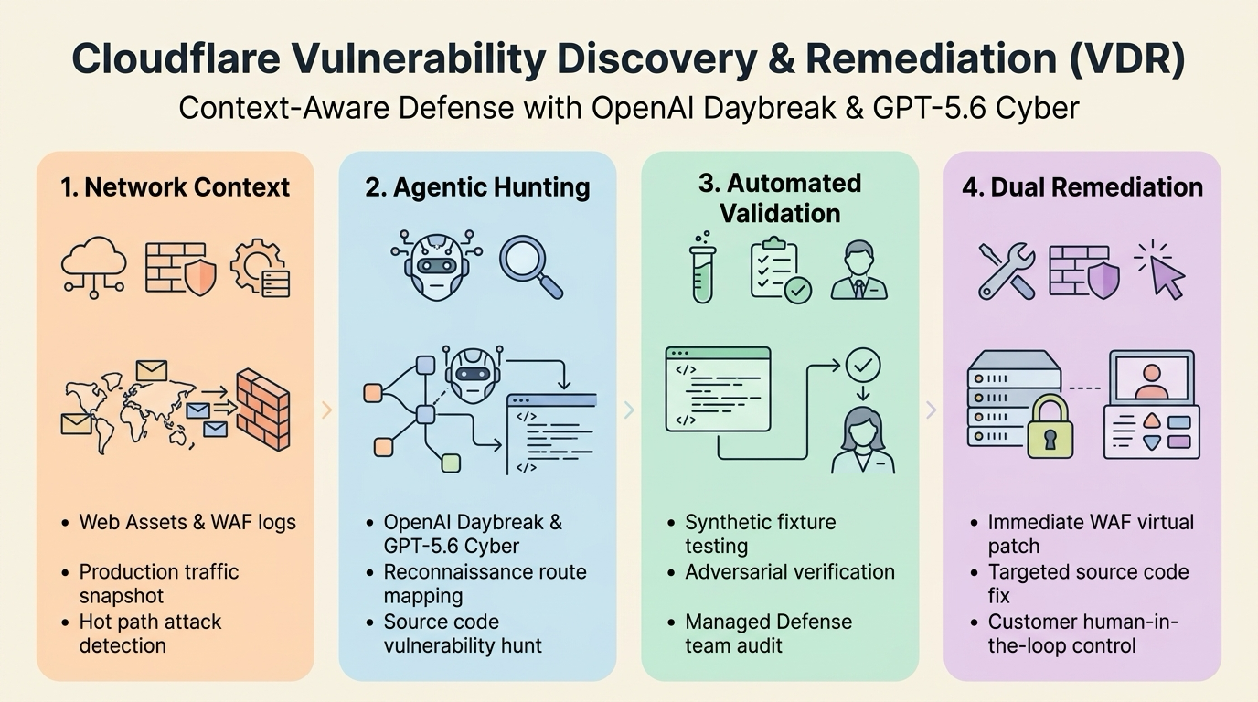 Инфографика за архитектурата на Vulnerability Discovery and Remediation с OpenAI Daybreak и GPT-5.6 Cyber