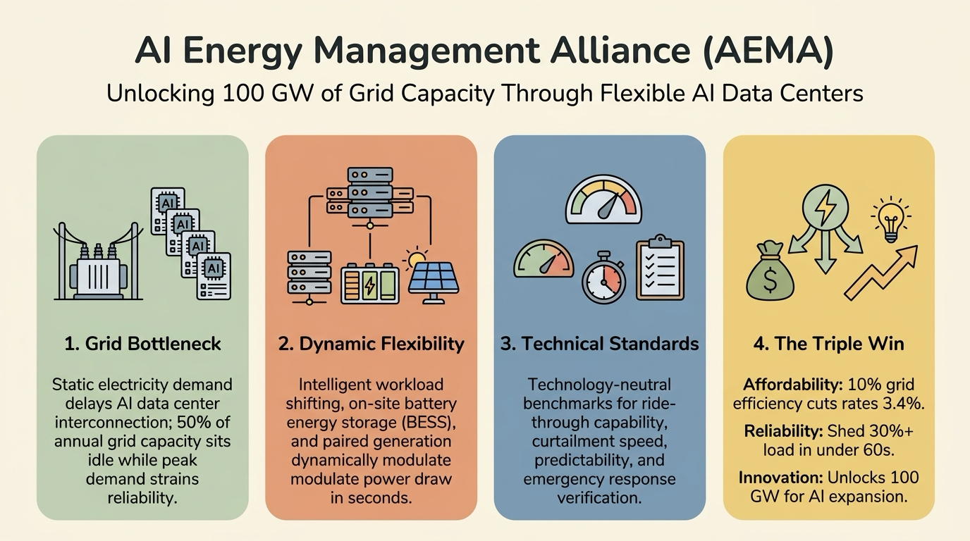 Рамка на AI Energy Management Alliance (AEMA) за енергийна гъвкавост на центровете за данни