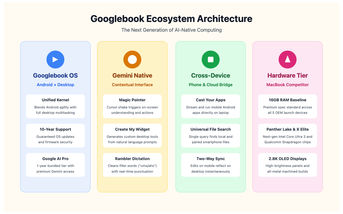 Архитектура на екосистемата Googlebook: операционна система, Gemini функционалности и хардуерни спецификации