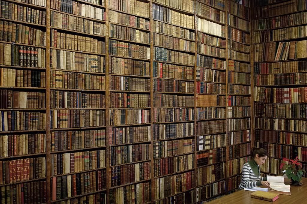 Рафтове със стари книги в антикварна книжарница
