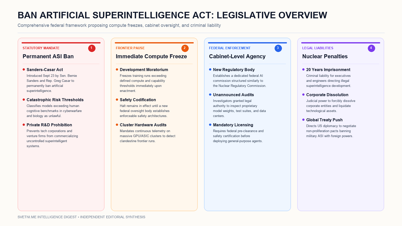 Инфографика за основните стълбове и наказателни мерки в Ban Artificial Superintelligence Act