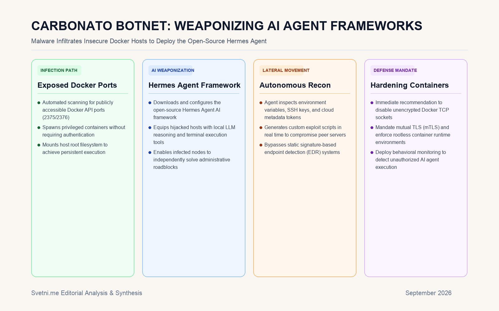 Инфографика за CARBONATO BOTNET: WEAPONIZING AI AGENT FRAMEWORKS