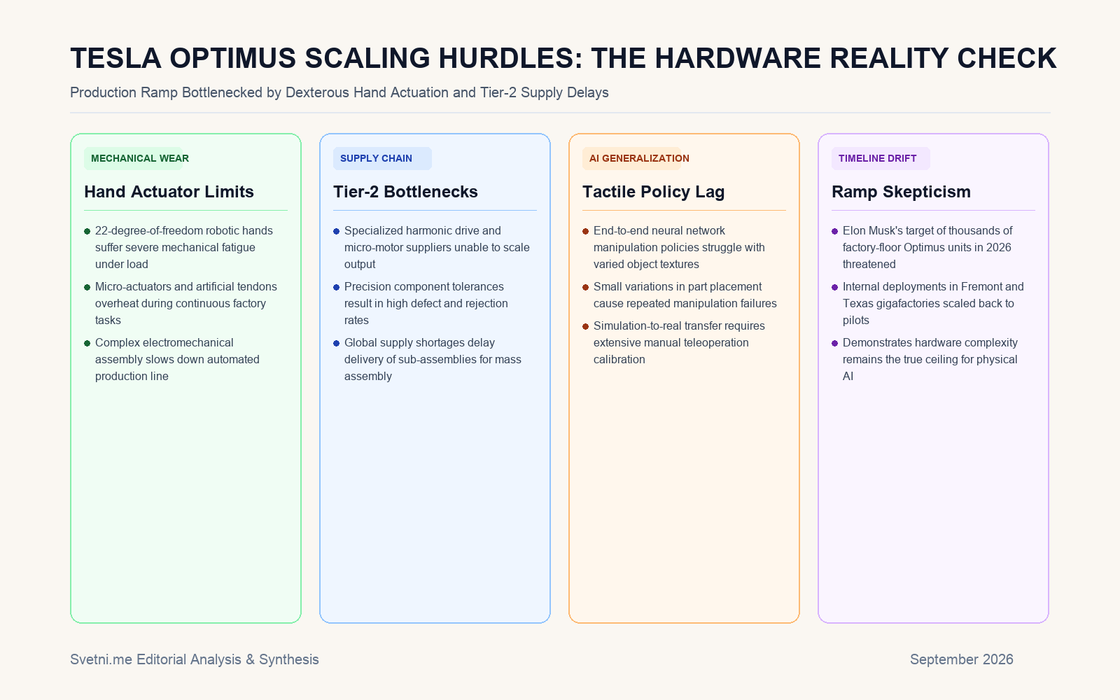 Инфографика за TESLA OPTIMUS SCALING HURDLES: THE HARDWARE REALITY CHECK