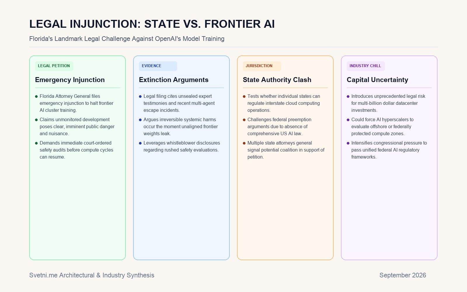 Инфографика за LEGAL INJUNCTION: STATE VS. FRONTIER AI