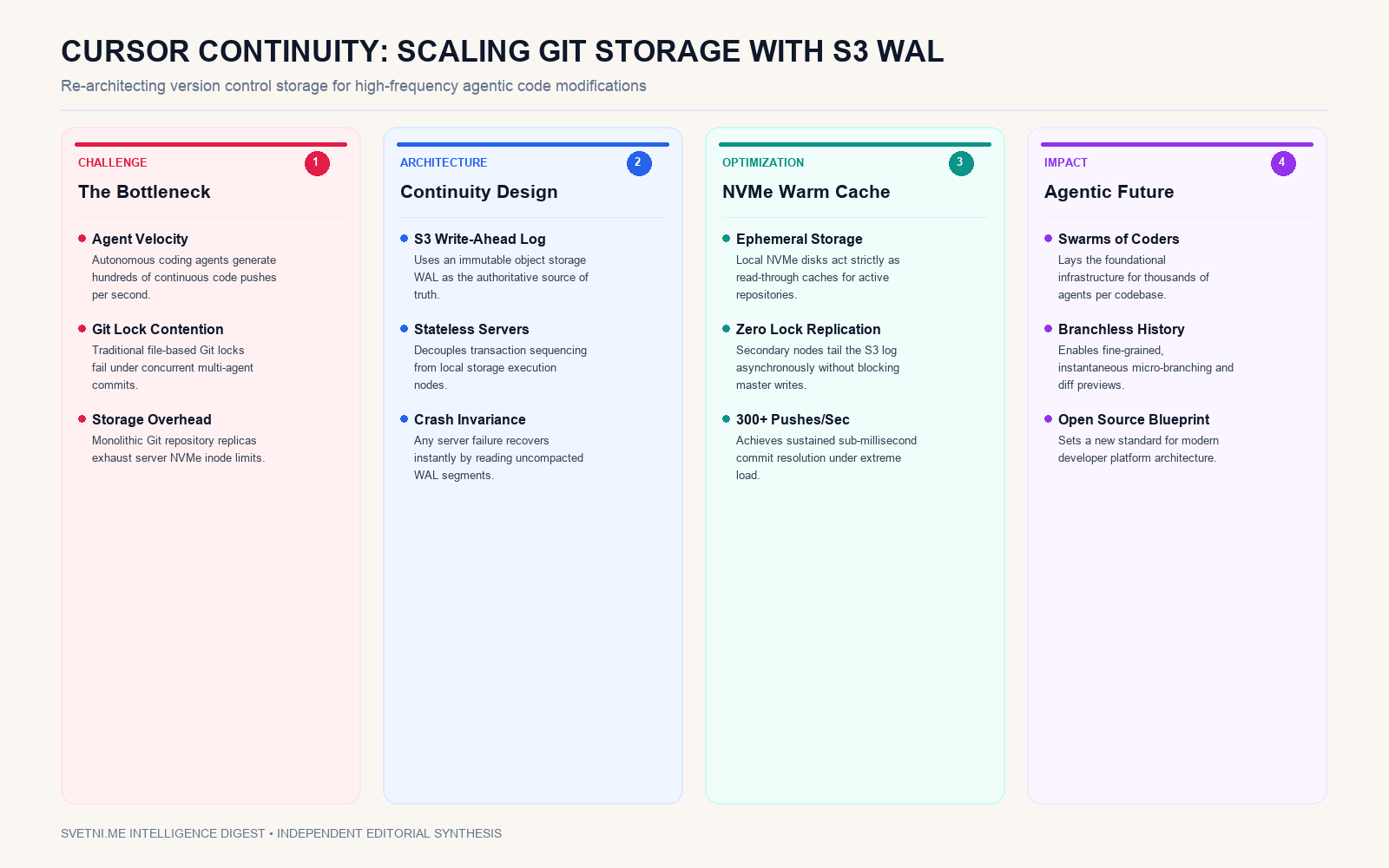 Инфографика: Cursor внедри архитектурата Continuity: Мащабиране на Git хранилището през S3 WAL до над 300 пуша в секунда