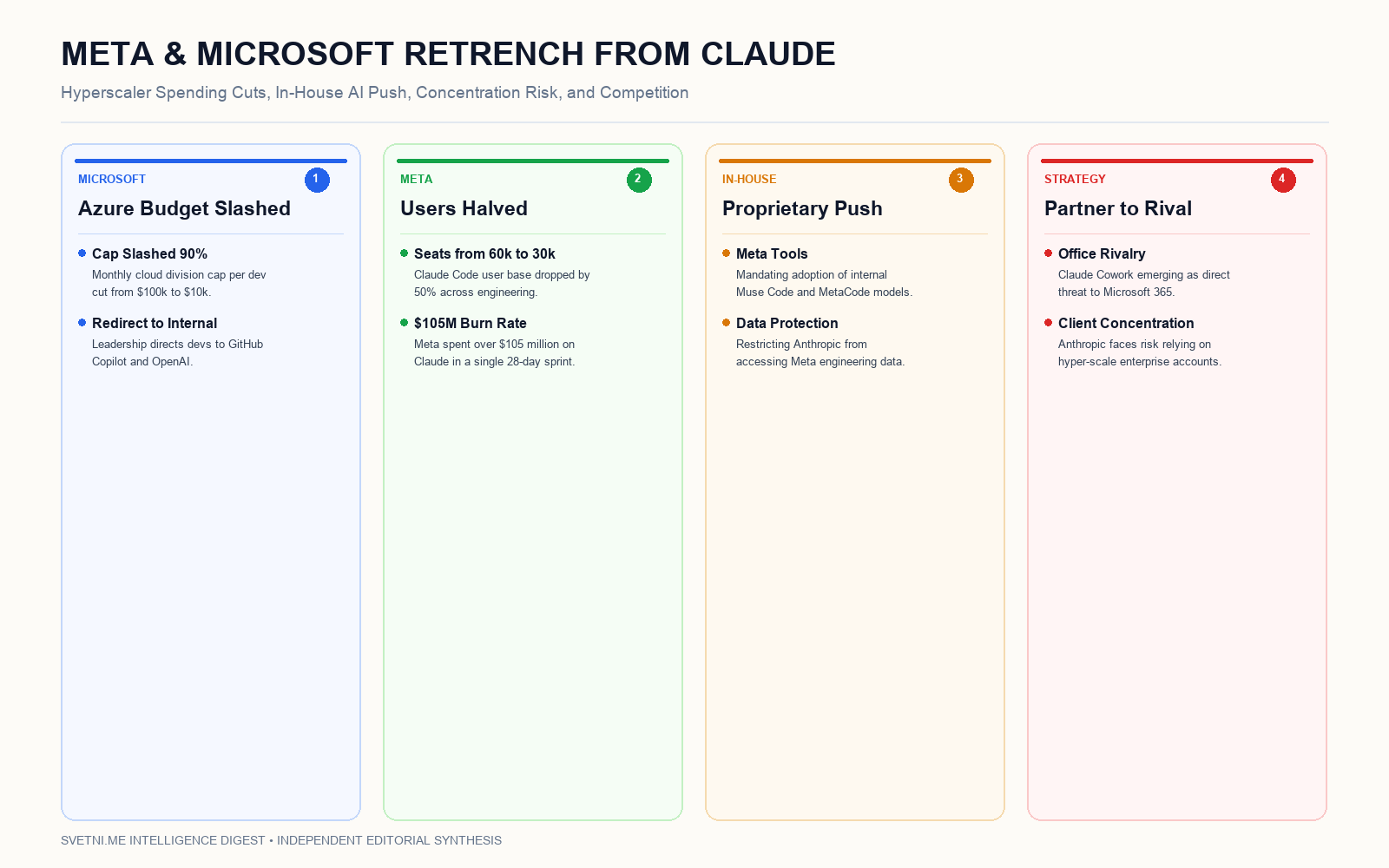 Инфографика за Meta и Microsoft рязко ограничават разходите за Claude в опит да защитят собствените си продукти