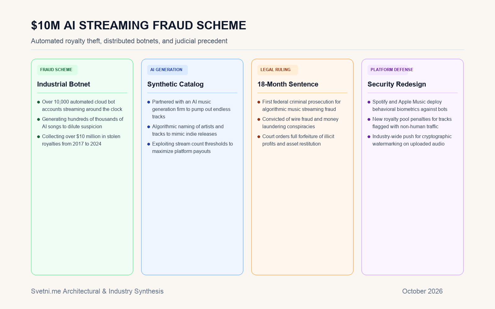 Инфографика за Федерален съд осъди музикант на 18 месеца затвор за 10 млн. долара стрийминг измами с AI ботове