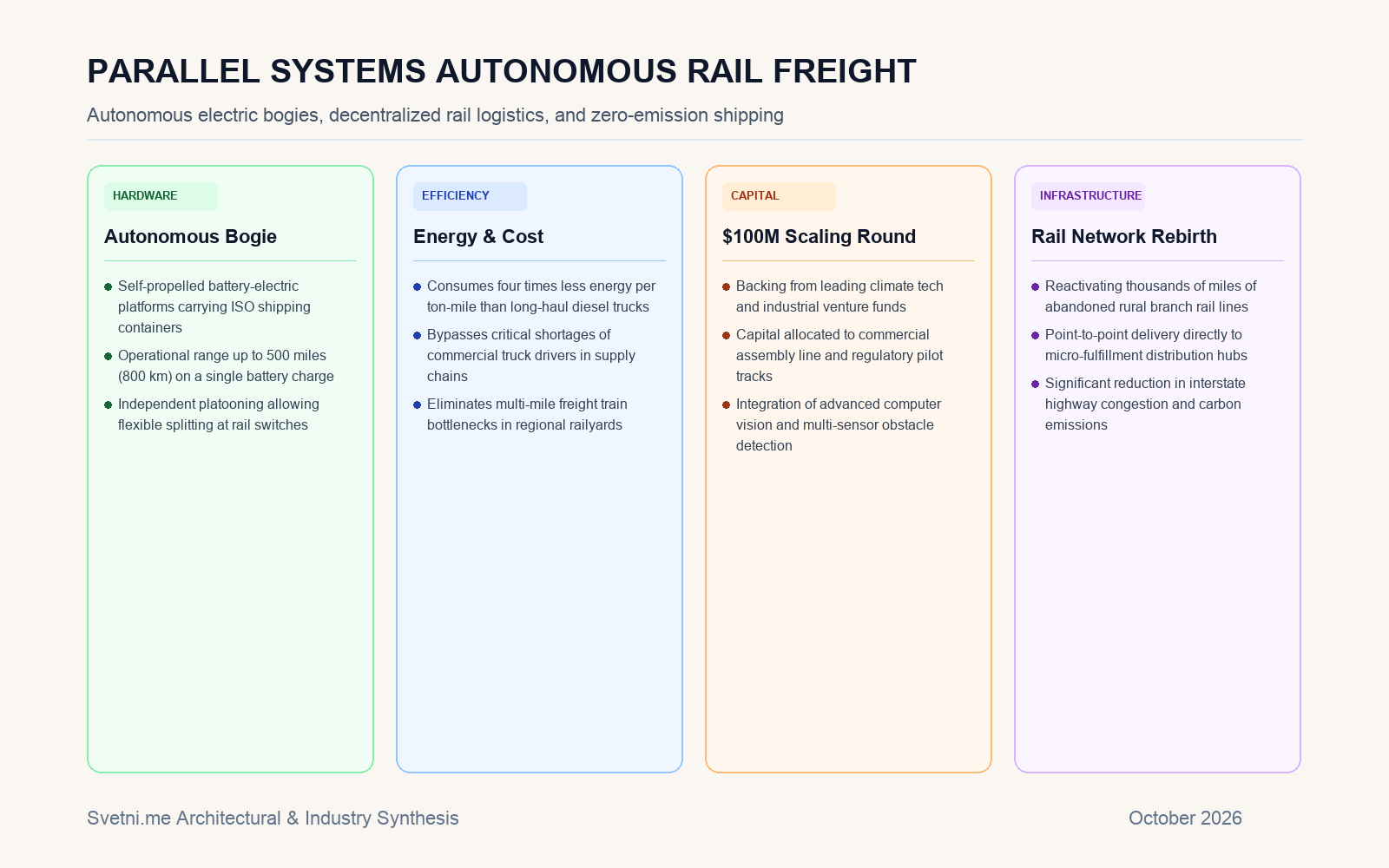 Инфографика за Parallel Systems набра 100 млн. долара за автономни електрически товарни влакове