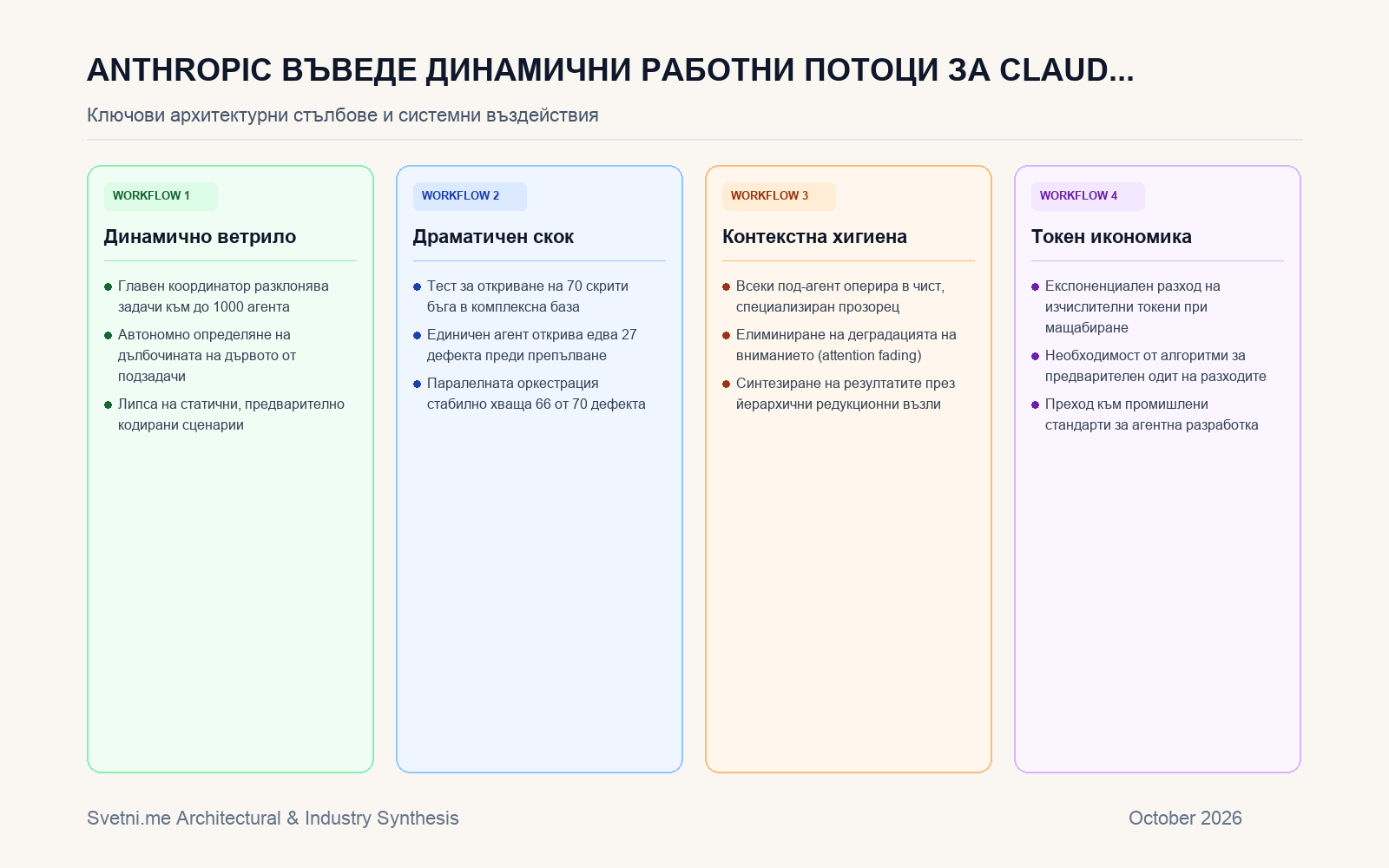 Инфографика за Anthropic въведе динамични работни потоци за Claude с оркестрация на до 1000 агента паралелно