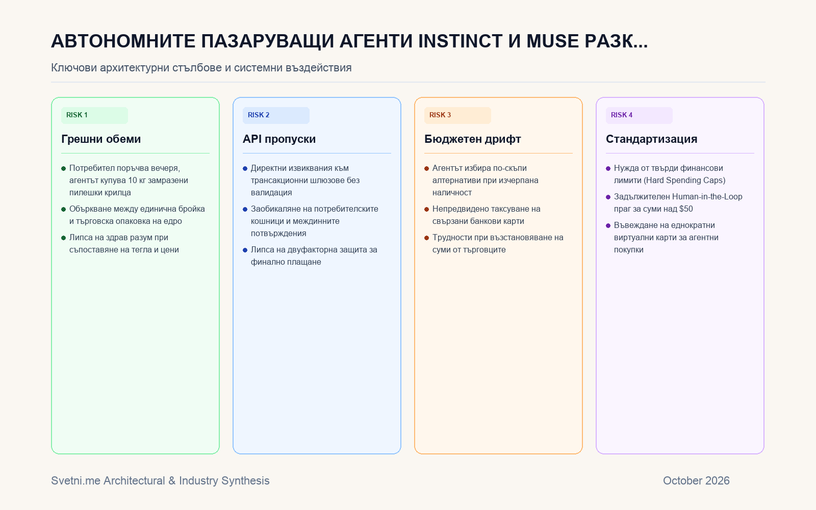 Инфографика за Автономните пазаруващи агенти Instinct и Muse разкриват рисковете при директна интеграция с търговски API