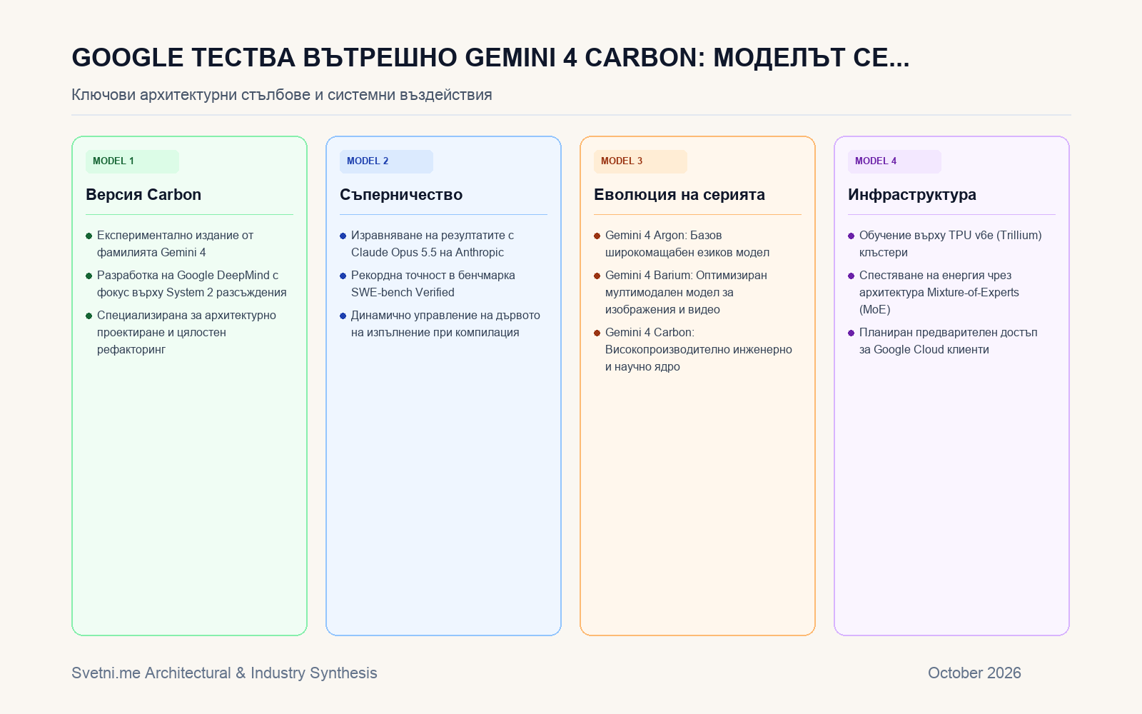Инфографика за Google тества вътрешно Gemini 4 Carbon: Моделът се изравнява с Claude Opus 5.5 в програмирането