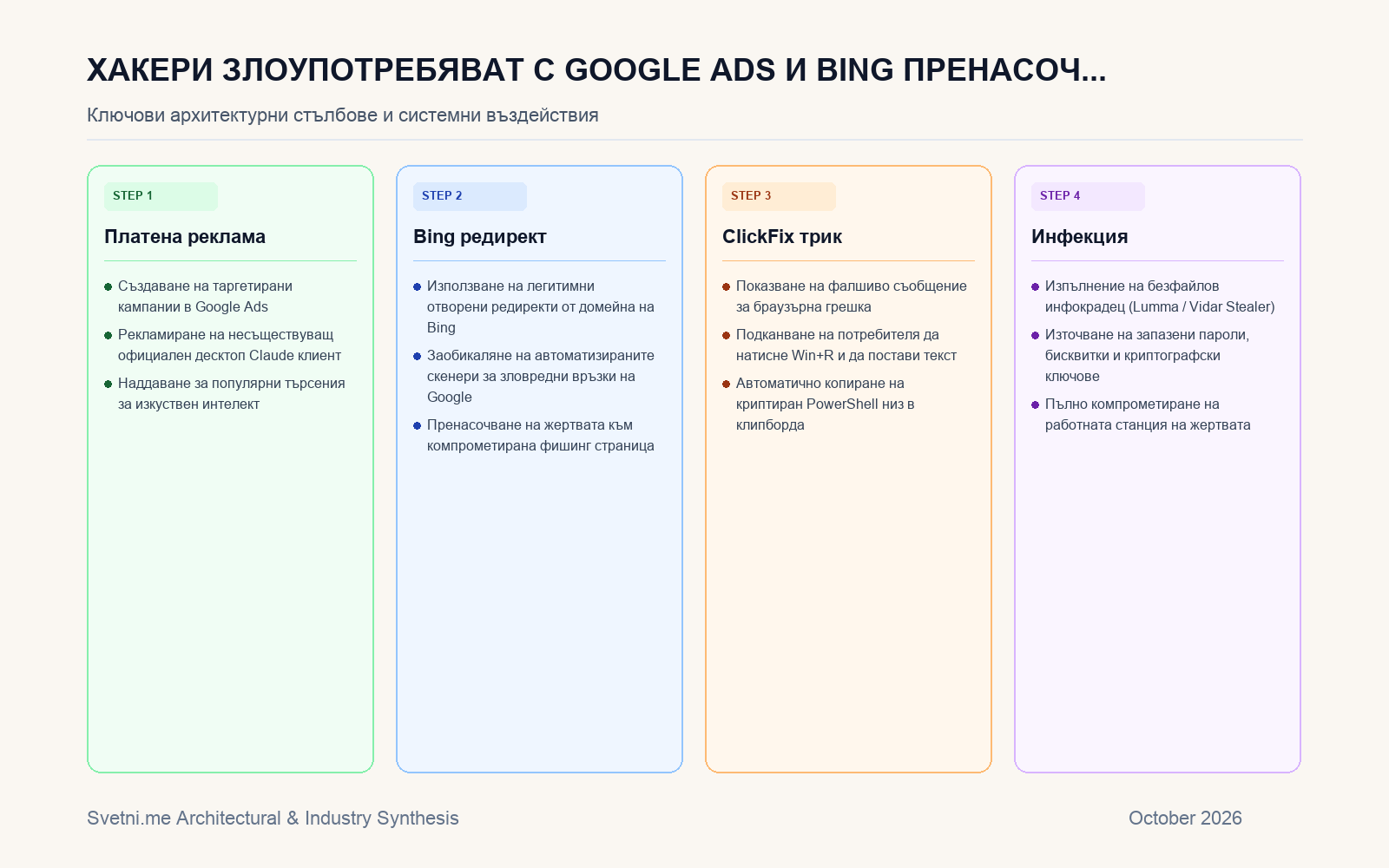 Инфографика за Хакери злоупотребяват с Google Ads и Bing пренасочвания за ClickFix атаки с фалшив Claude