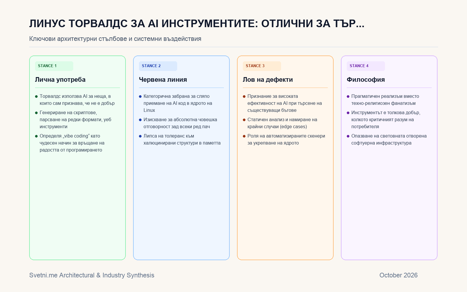 Инфографика за Линус Торвалдс за AI инструментите: Отлични за търсене на бъгове, недопустими за ядрото на Linux