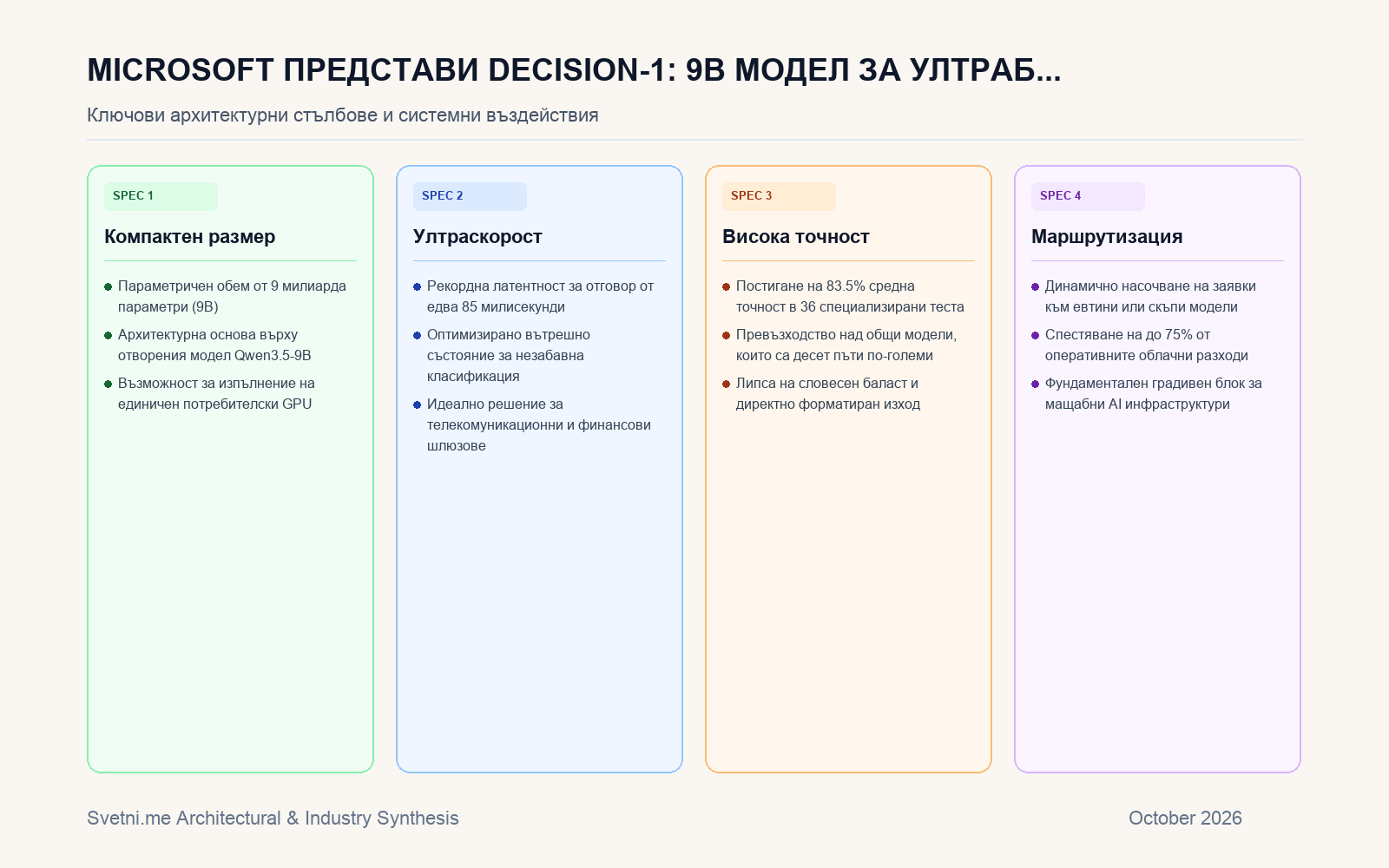 Инфографика за Microsoft представи Decision-1: 9B модел за ултрабърза класификация и маршрутизация с латентност 85 ms