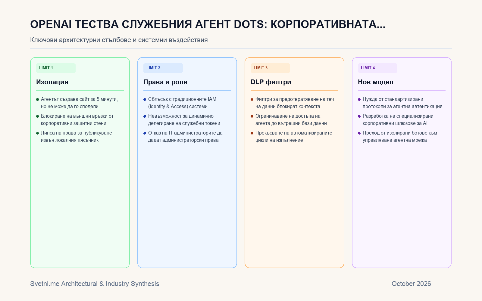 Инфографика за OpenAI тества служебния агент Dots: Корпоративната IT сигурност се оказва най-тежката бариера