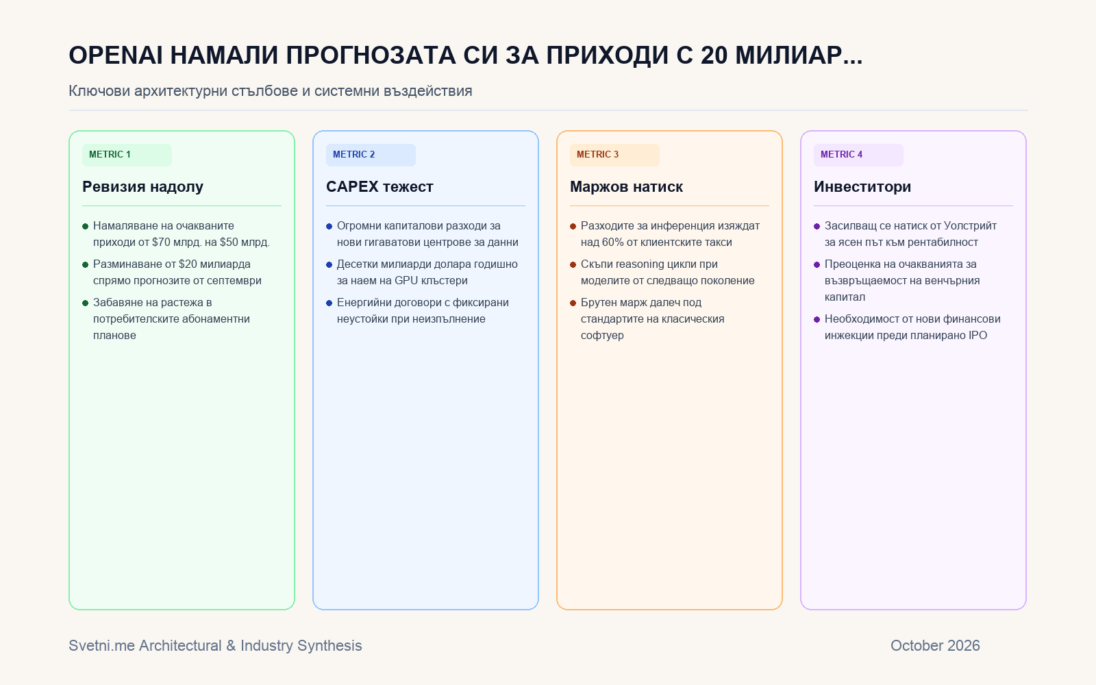 Инфографика за OpenAI намали прогнозата си за приходи с 20 милиарда долара на фона на гигантски инфраструктурни разходи
