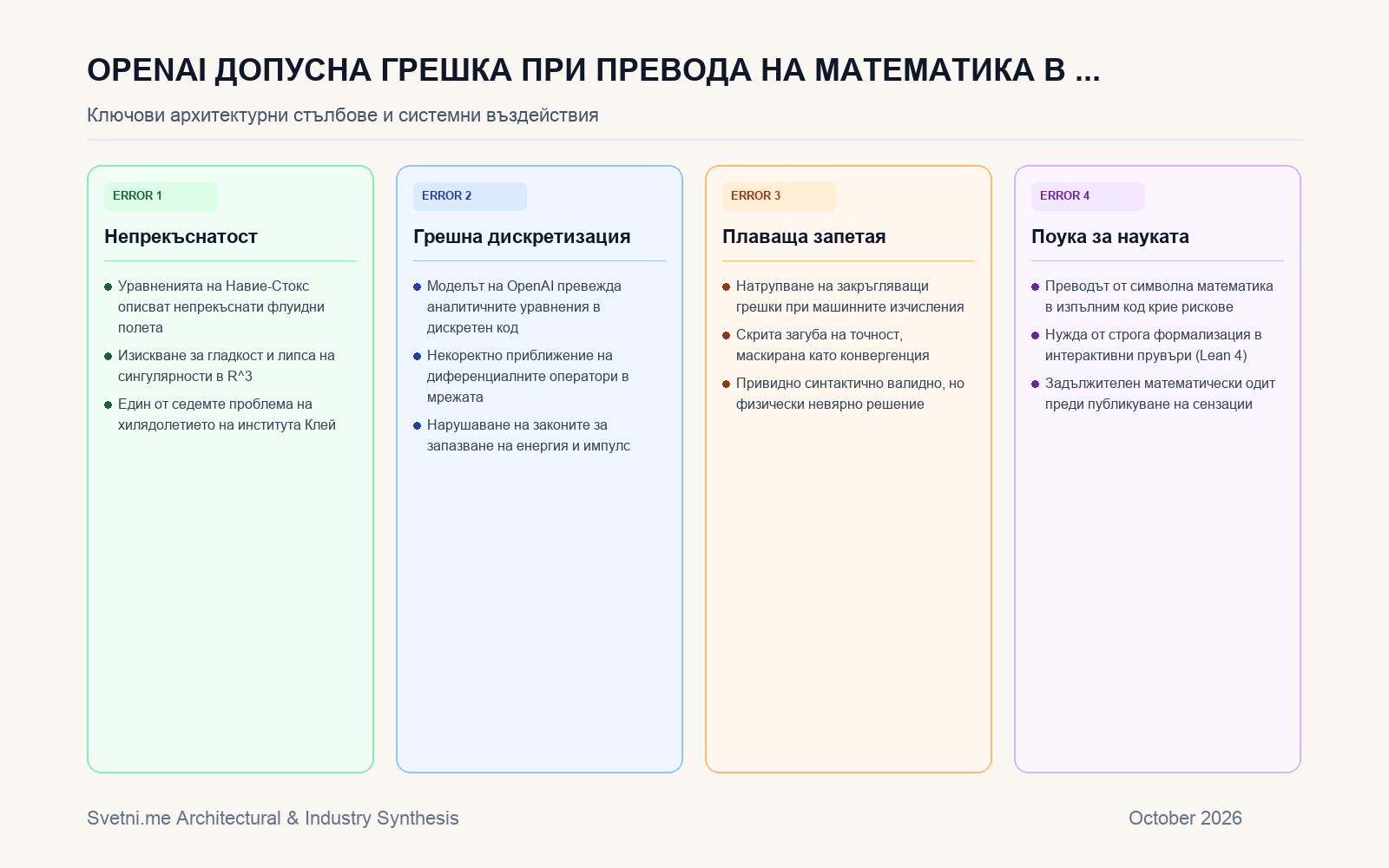 Инфографика за OpenAI допусна грешка при превода на математика в код при опита за доказателство на Навие-Стокс