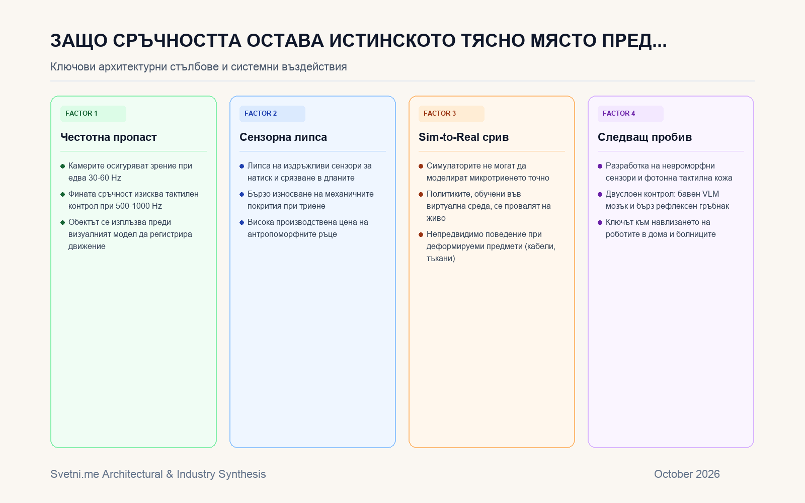Инфографика за Защо сръчността остава истинското тясно място пред физическия изкуствен интелект