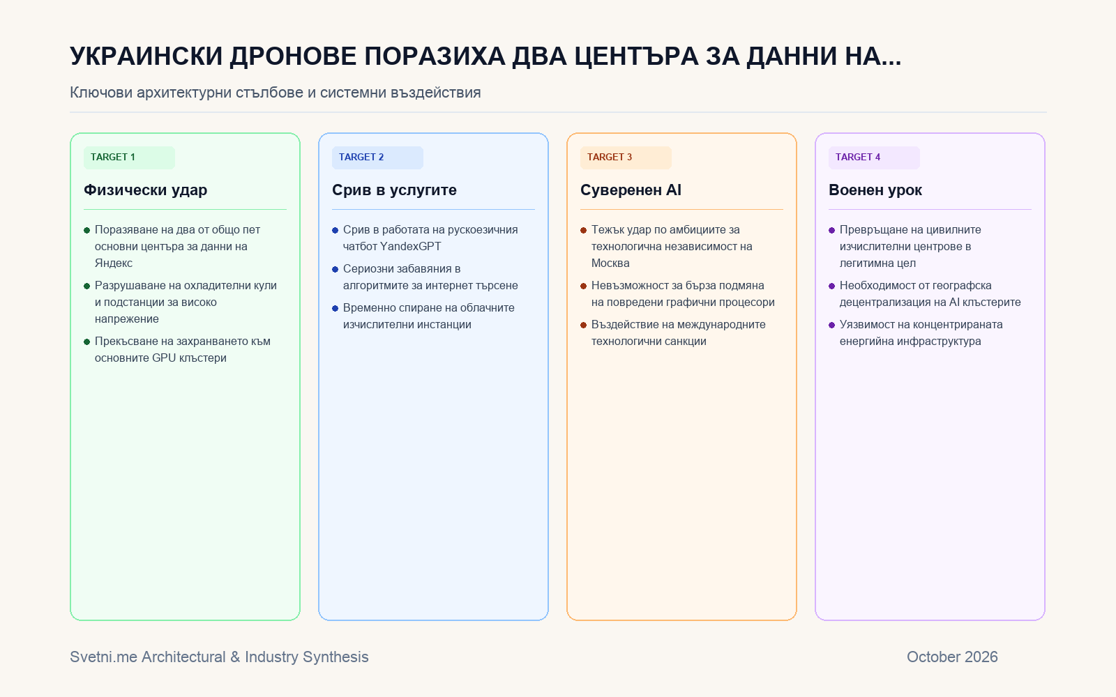 Инфографика за Украински дронове поразиха два центъра за данни на Яндекс, парализирайки руски AI услуги