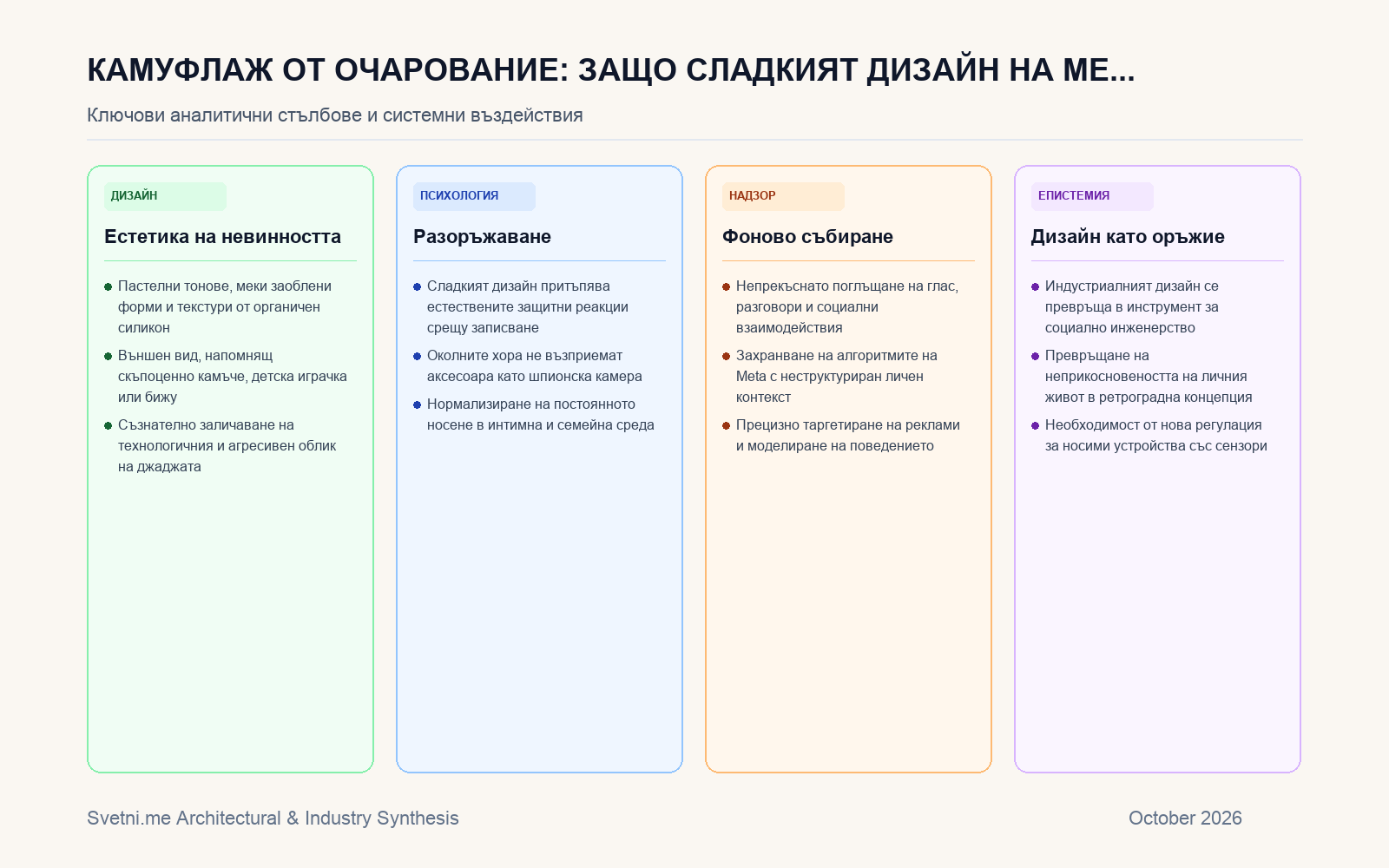 Инфографика за Камуфлаж от очарование: Защо сладкият дизайн на Meta Muse Charm прикрива постоянния AI надзор