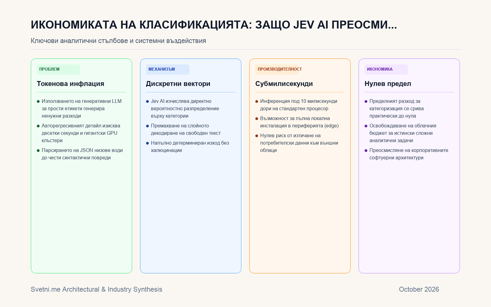 Инфографика за Икономиката на класификацията: Защо Jev AI преосмисля границите между LLM и специализираните модели