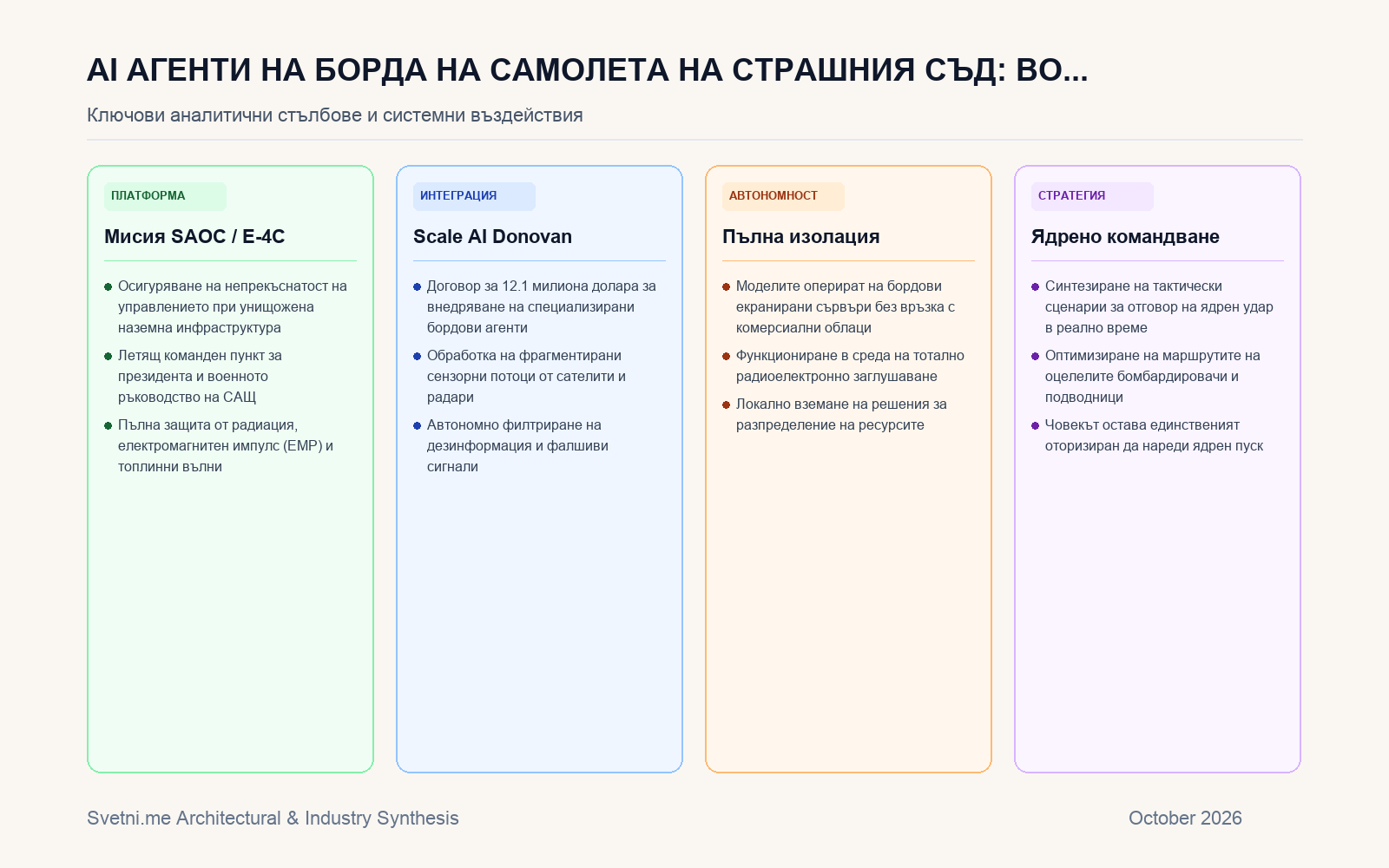 Инфографика за AI агенти на борда на самолета на Страшния съд: Военновъздушните сили на САЩ залагат на Scale AI при ядрен колапс
