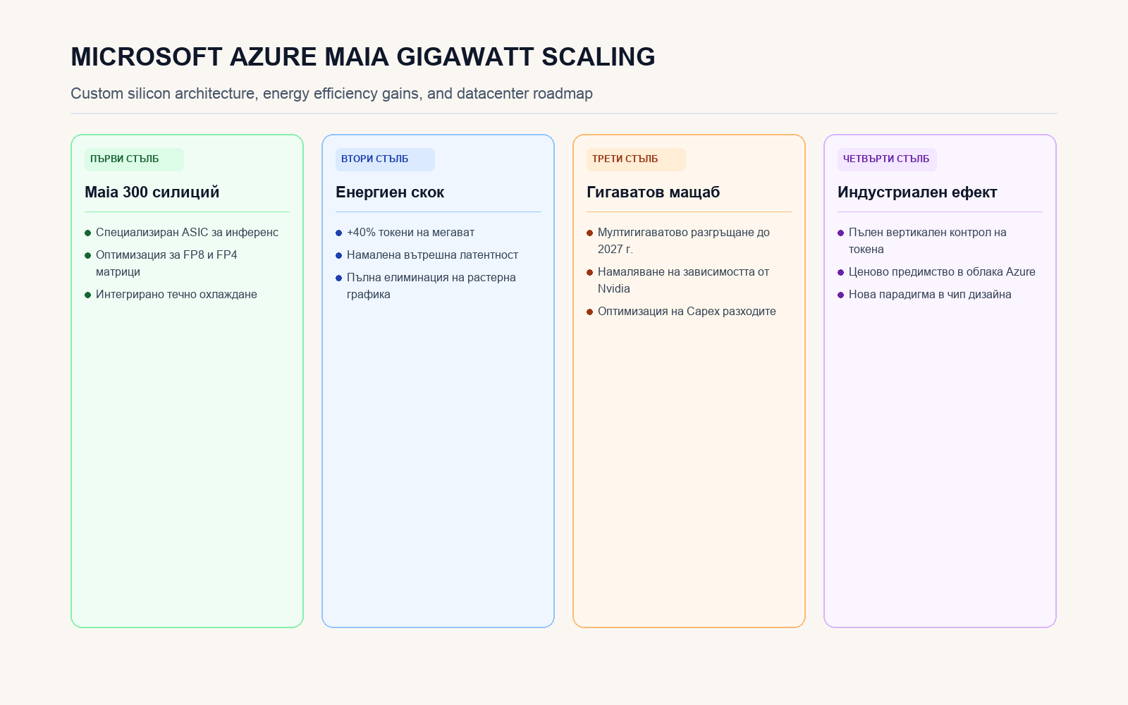 Инфографика за архитектурата и енергийната ефективност на Microsoft Azure Maia