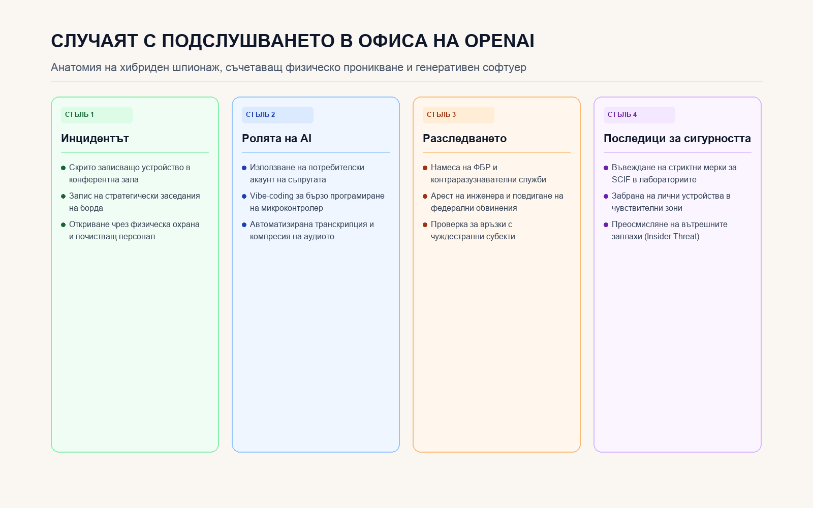 Инфографика: Случаят с подслушването в офиса на OpenAI