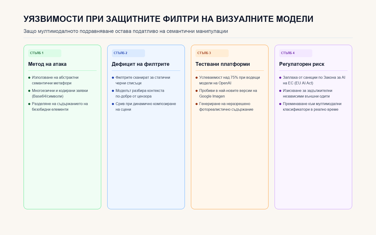 Инфографика: Уязвимости при защитните филтри на визуалните модели