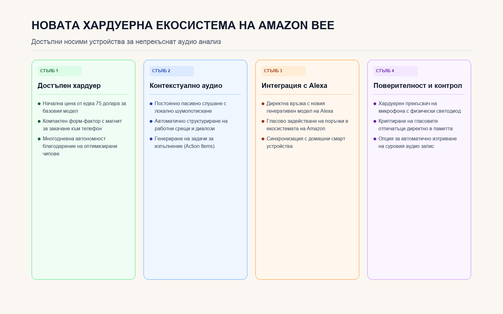 Четирите стълба на новата хардуерна линия Amazon Bee