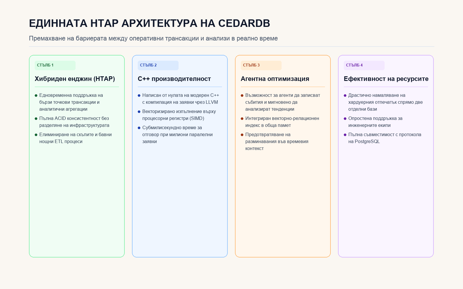 Четири стълба на единната HTAP архитектура на CedarDB