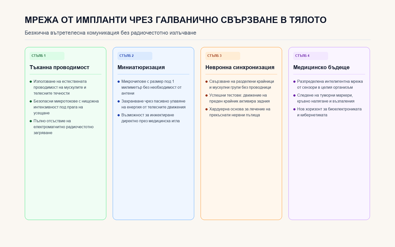 Основни стълбове на галваничната комуникация между импланти в тялото
