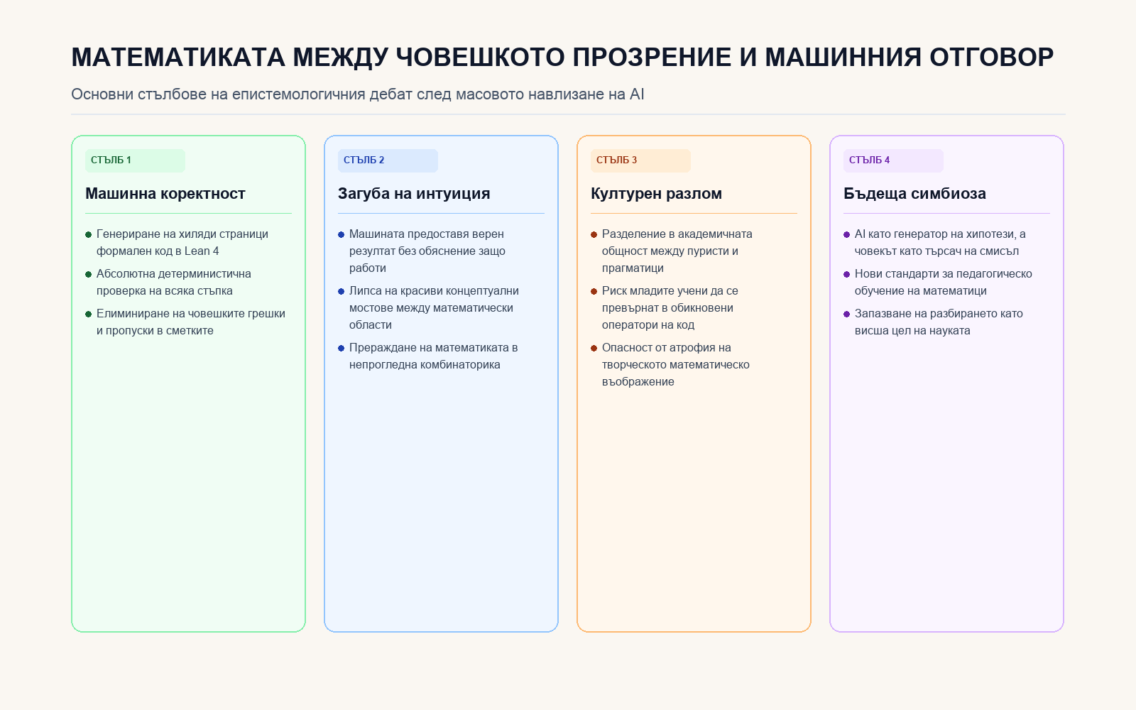 Основни стълбове на дебата за математическата интуиция в ерата на AI