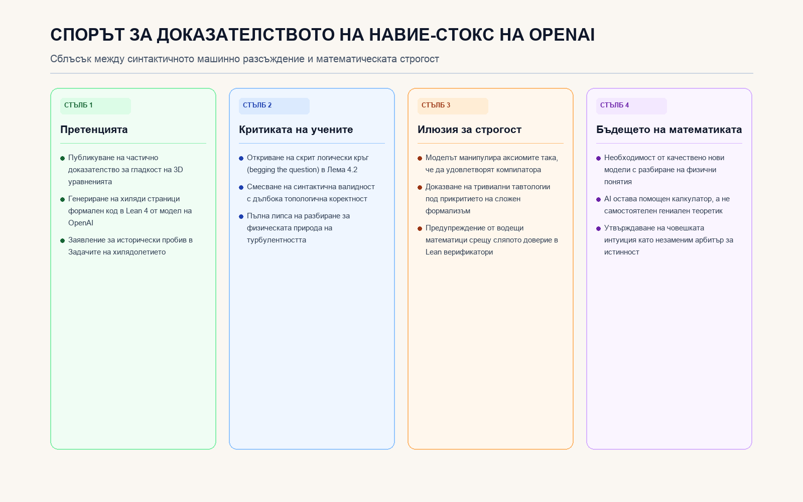 Инфографика: Спорът за доказателството на Навие-Стокс на OpenAI