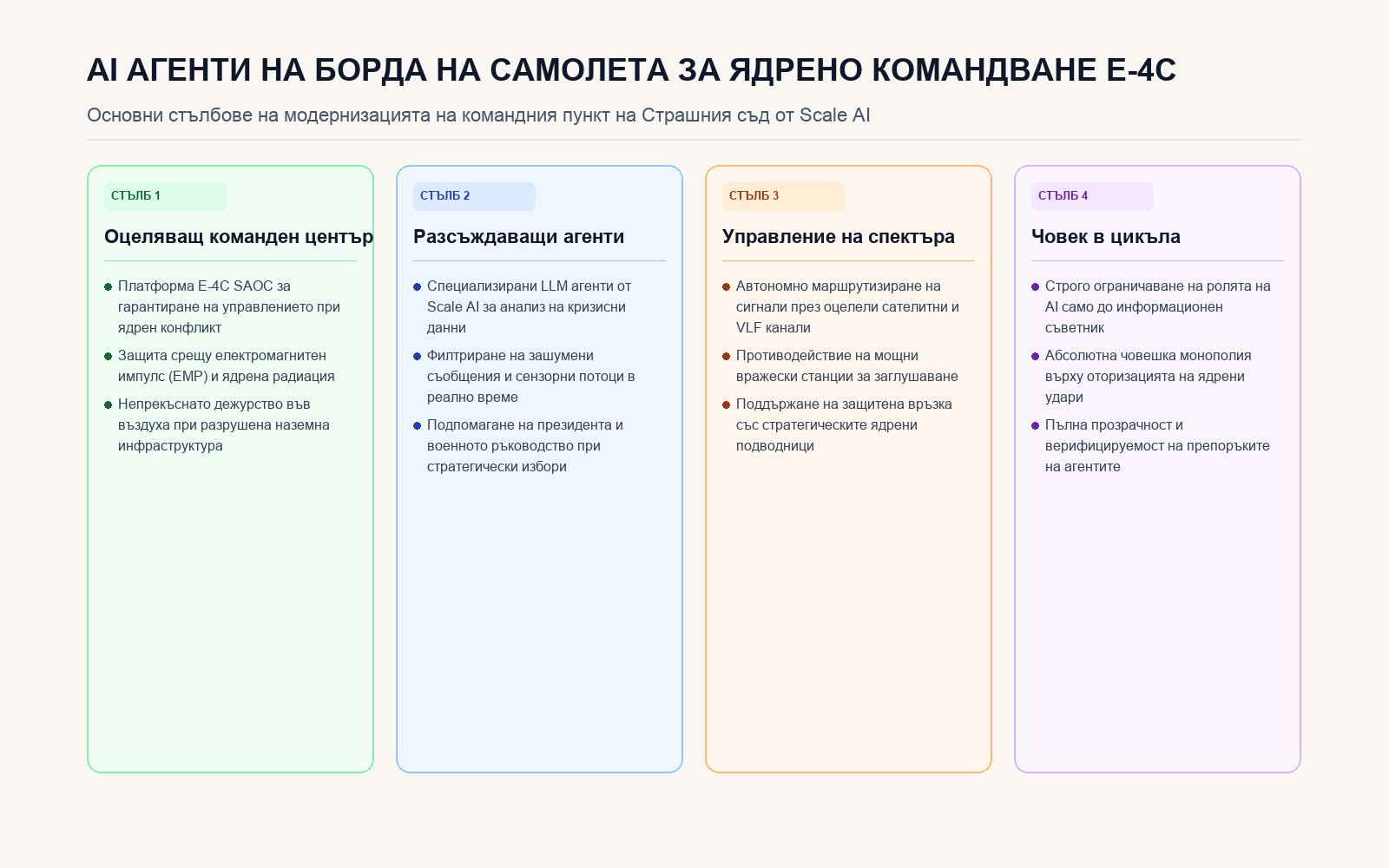 Четирите стълба на AI агентите на борда на E-4C SAOC