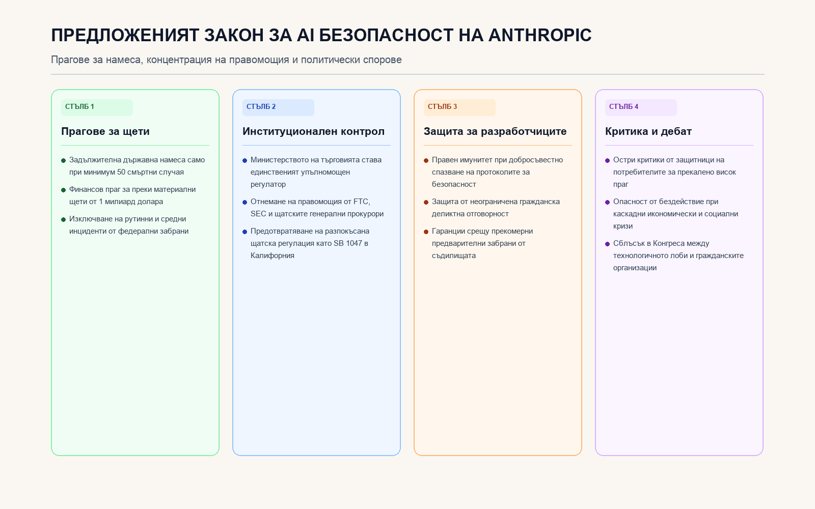 Инфографика: Предложеният закон за AI безопасност на Anthropic