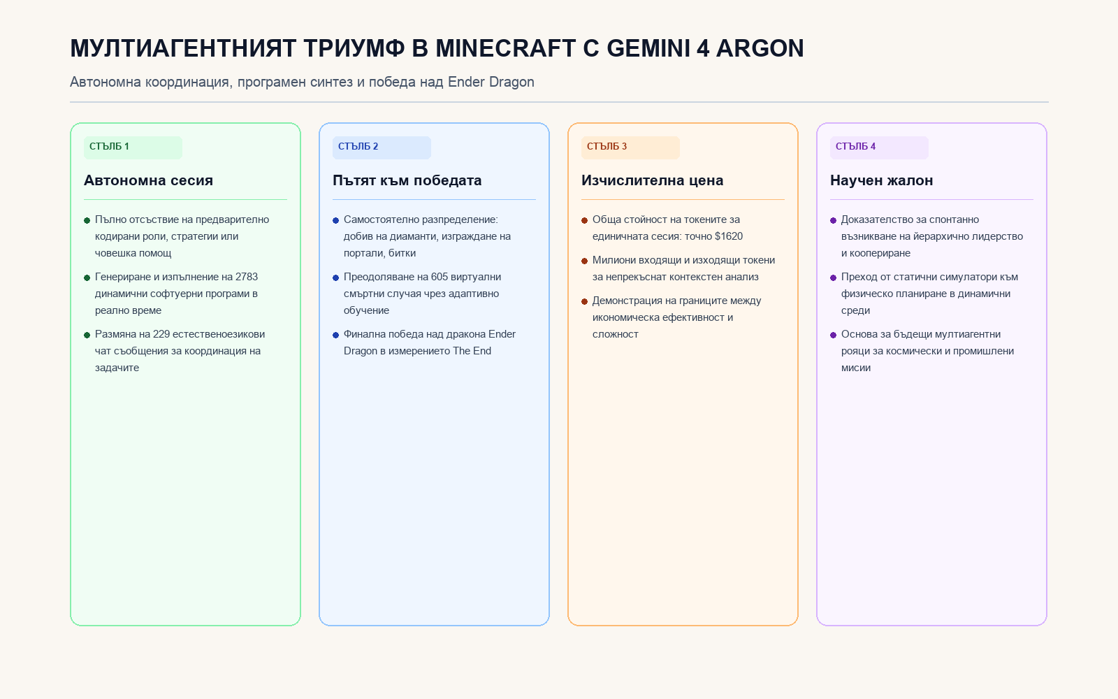 Инфографика: Мултиагентният триумф в Minecraft с Gemini 4 Argon