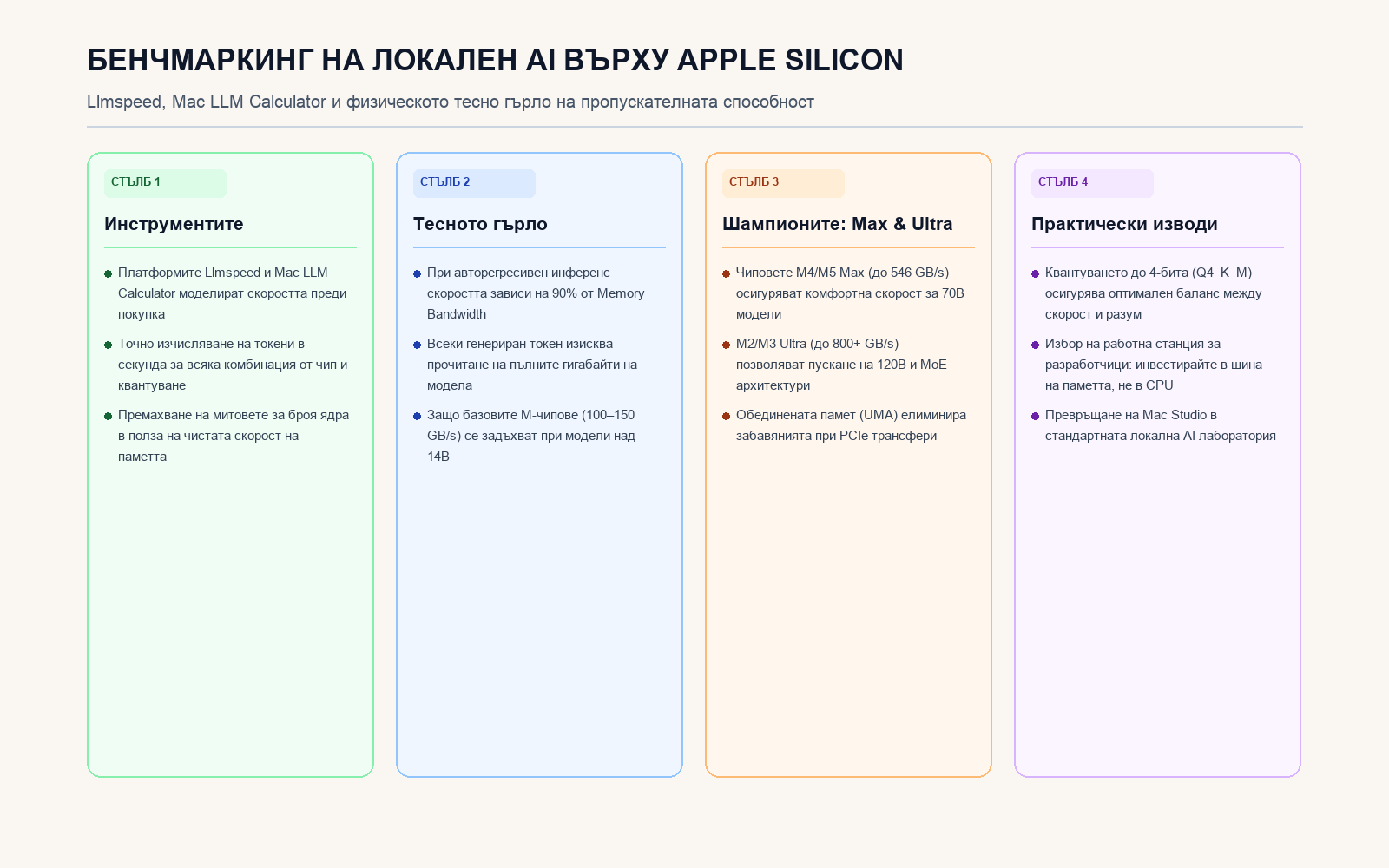 Инфографика: Бенчмаркинг на локален AI върху Apple Silicon
