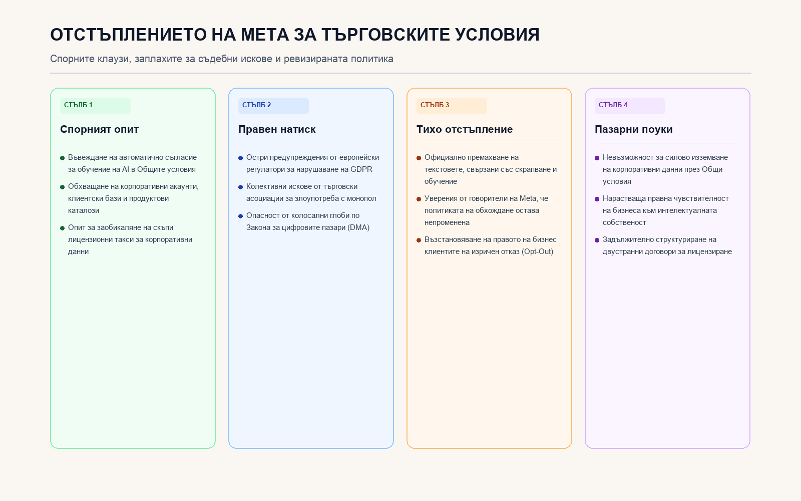 Инфографика: Отстъплението на Meta за търговските условия