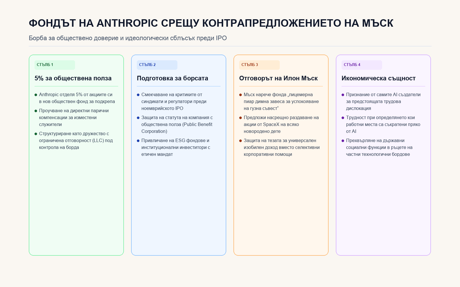 Стълбове на фонда на Anthropic и идеологическата реакция на Илон Мъск