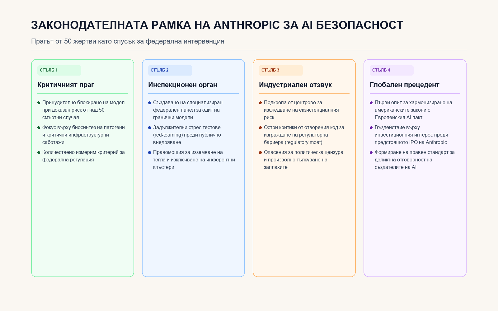 Ключови стълбове на законопроекта на Anthropic за прагове на смъртност при AI инциденти