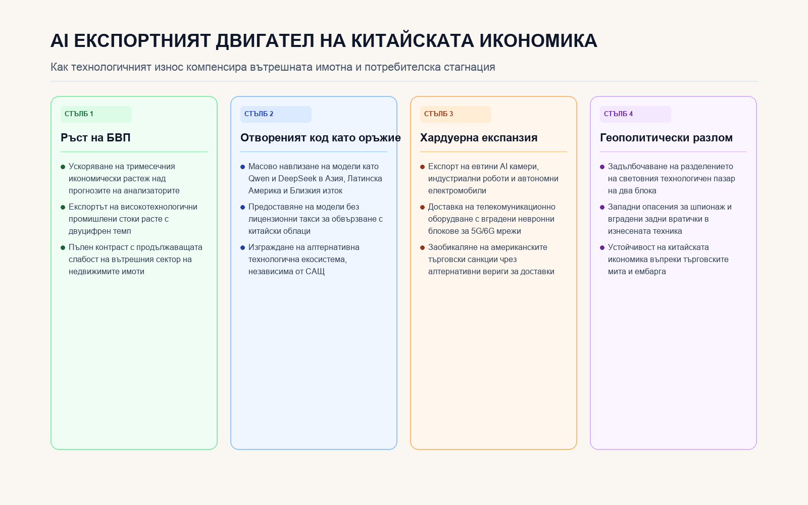 Стълбове на китайския AI експортен бум и геополитическото пренареждане