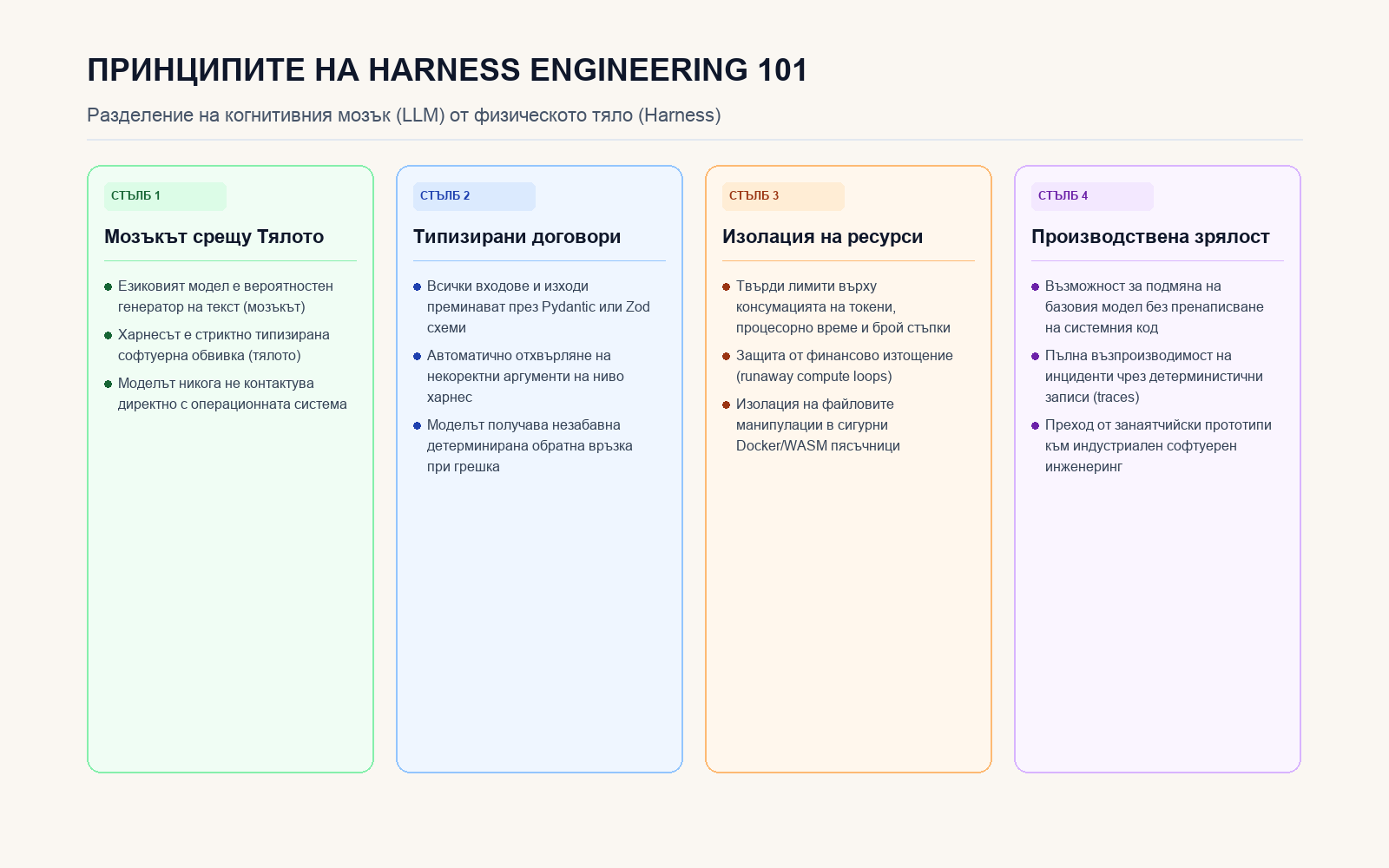 Стълбове на парадигмата Harness Engineering 101 и разделението между мозък и тяло