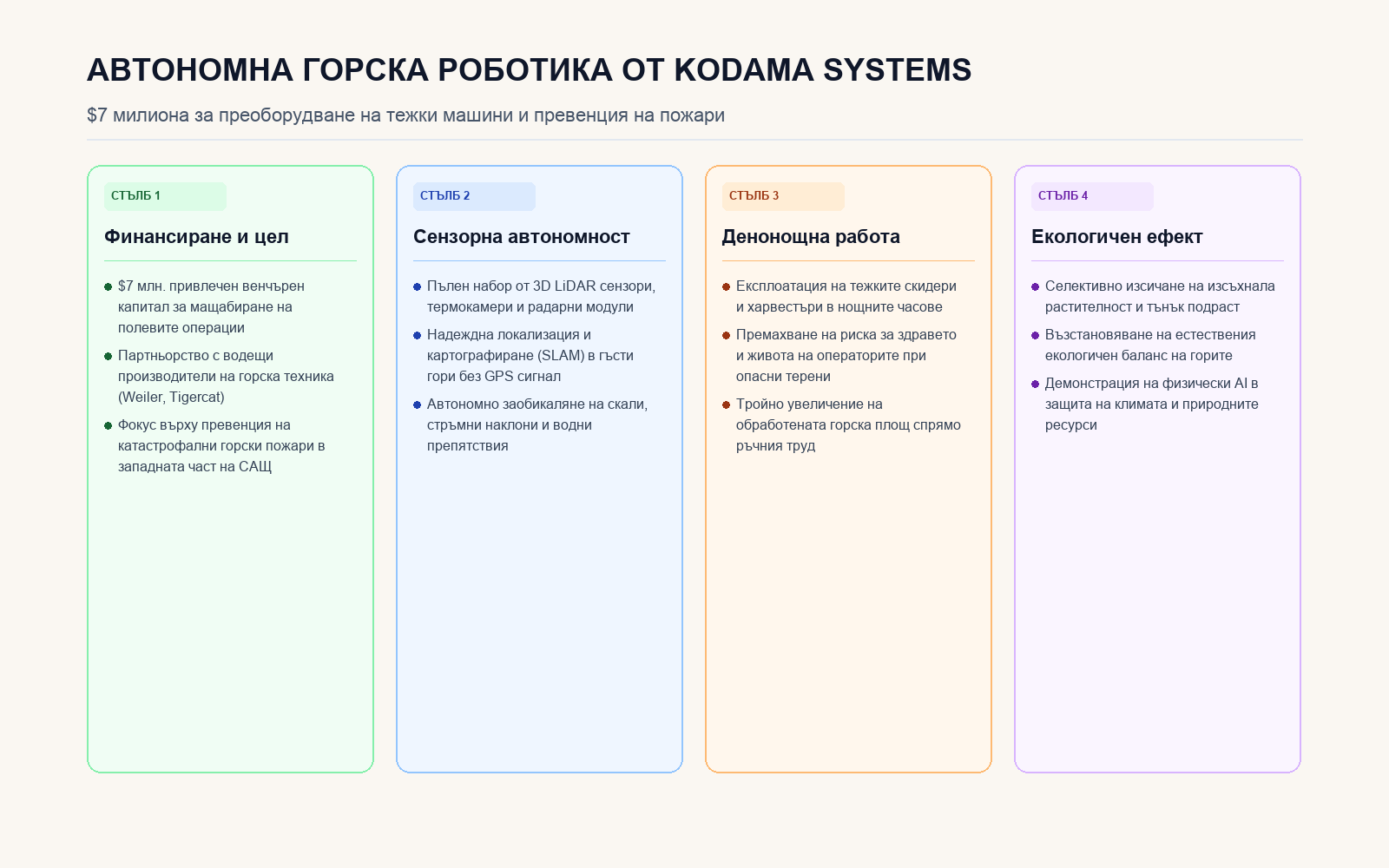 Четири стълба на автономната горска роботика и инвестицията в Kodama Systems