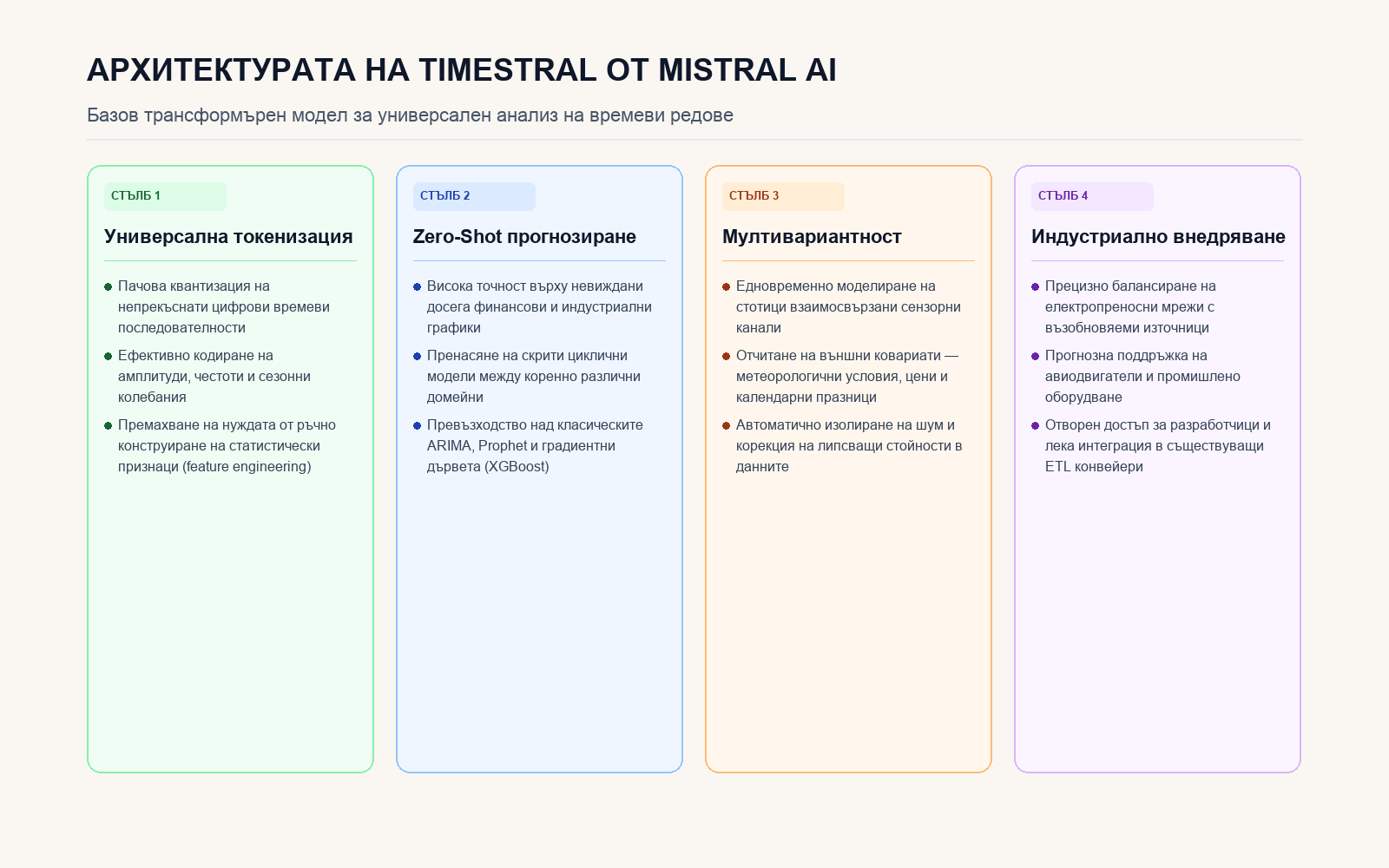 Стълбове на архитектурата и приложенията на Timestral за времеви редове