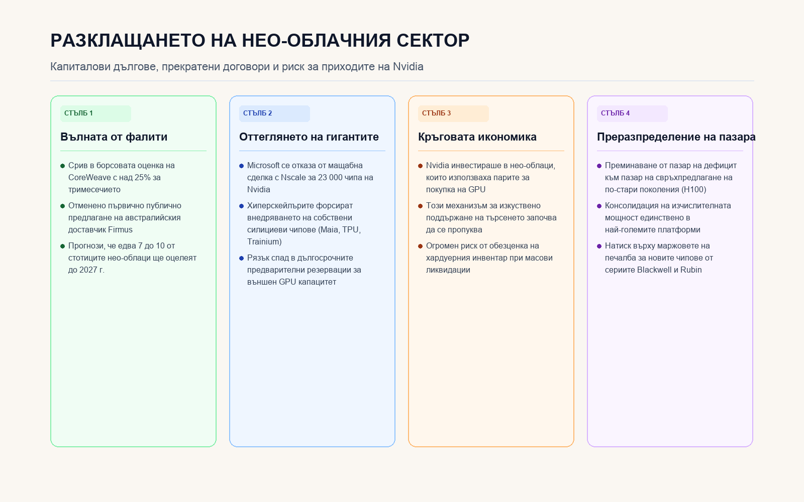 Четири стълба на кризата в сектора на нео-облачните изчисления и рисковете за Nvidia